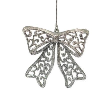 Елочная игрушка Бантик пластик серебристый (высота 9 см)